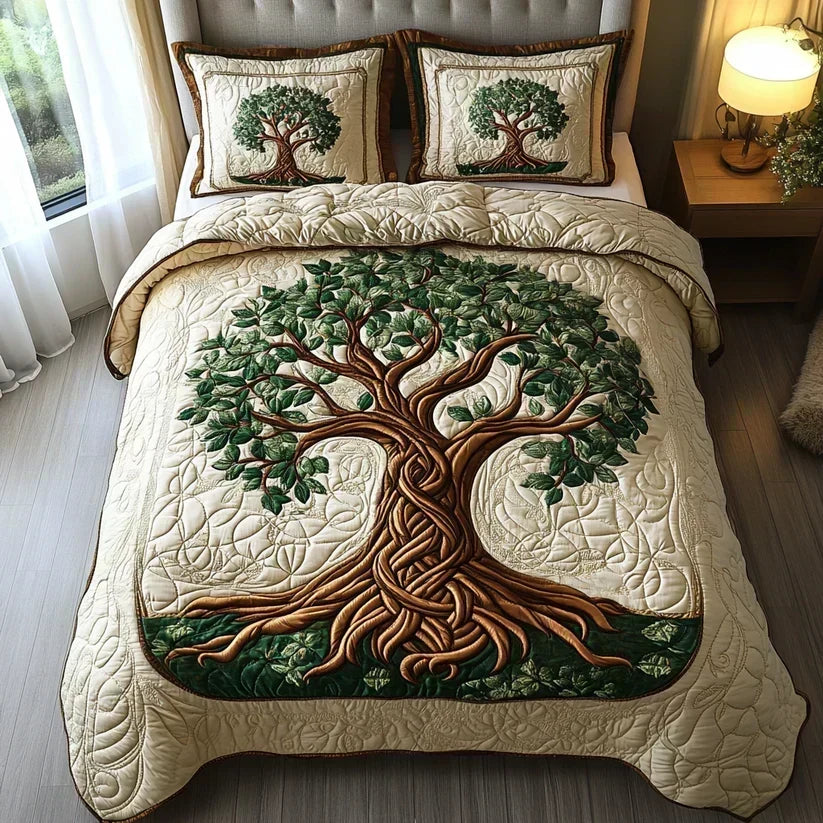 Tree of Life quilted bedding set in cream with green foliage tree