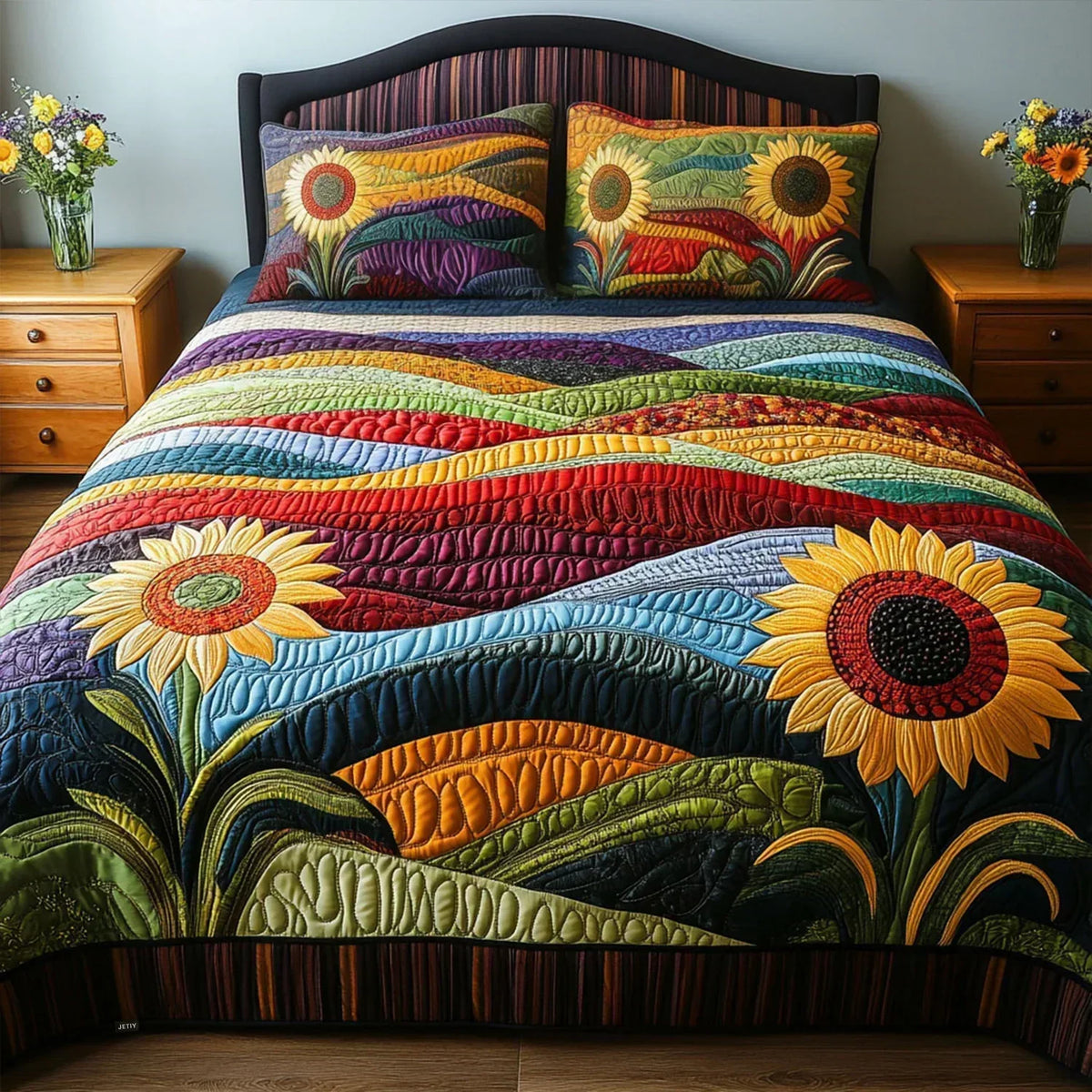 Sunflower field three-piece bedding set on a bed with two matching pillowcases