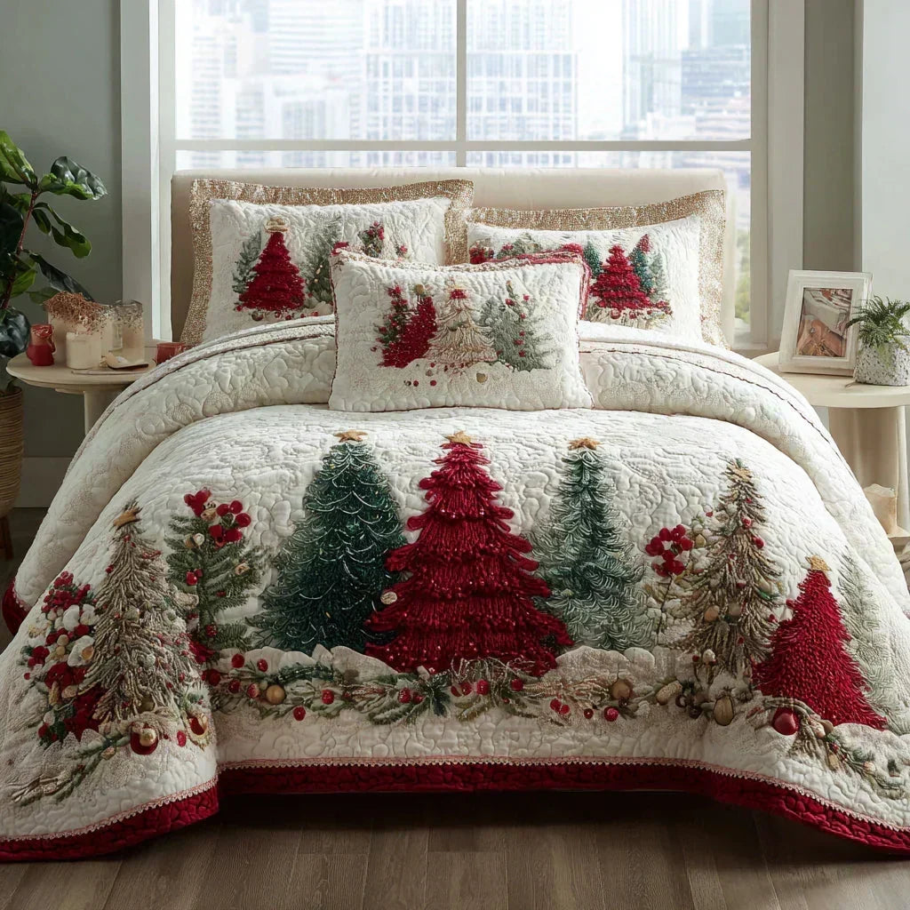 Winter Wonder quilted bedding set with red and green Christmas trees on cream, dressed on a bed