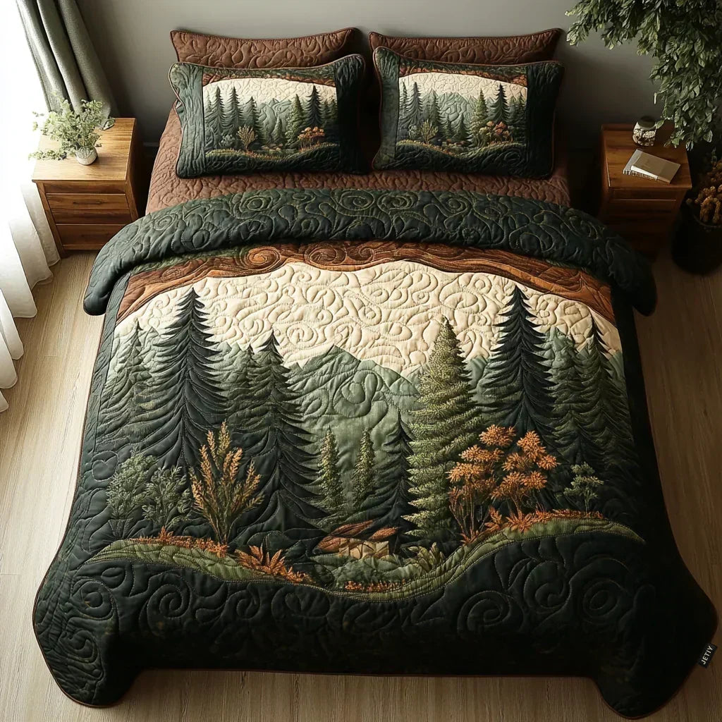 Woodland Walk quilted bedding set in forest green with pine tree and mountain design