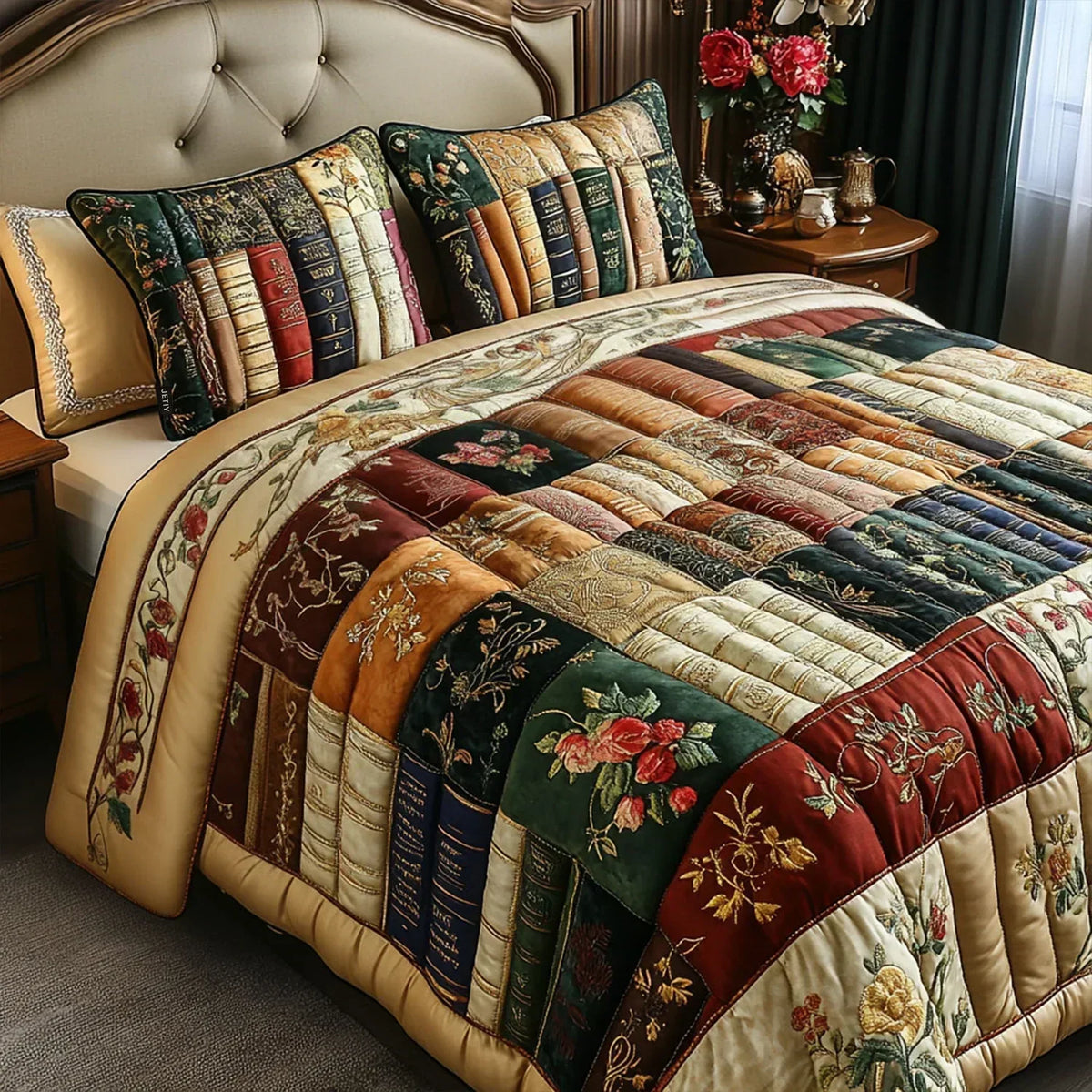 Reader's Retreat quilted bedding set with book print and floral motifs on a made bed