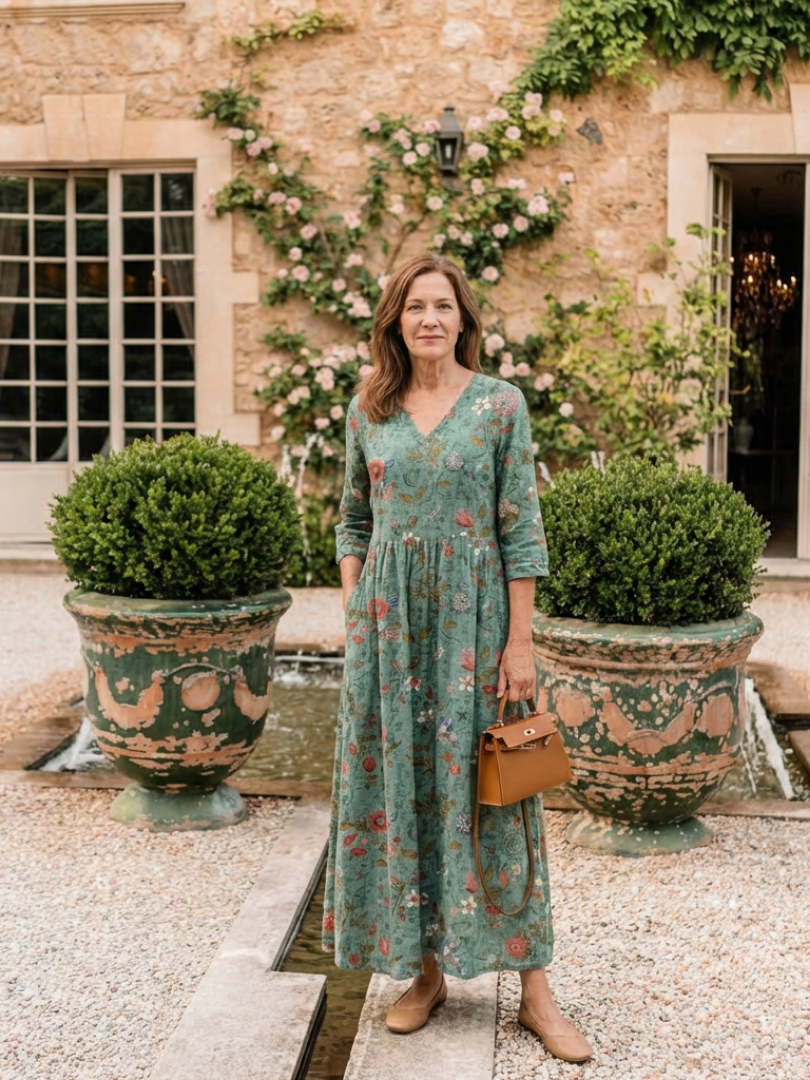 Marina floral maxi dress in green, styled with tan bag outdoors