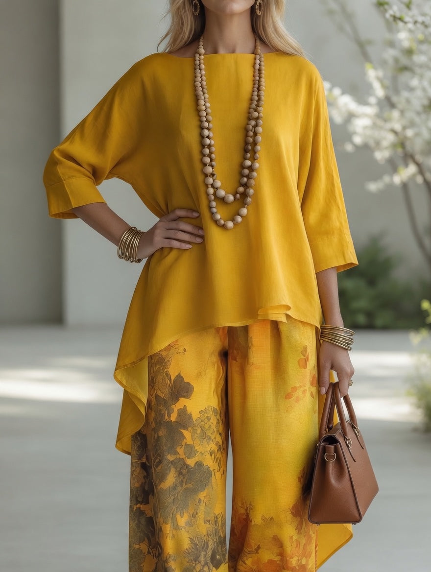 Ema vintage set in yellow, close-up of tunic and printed trousers