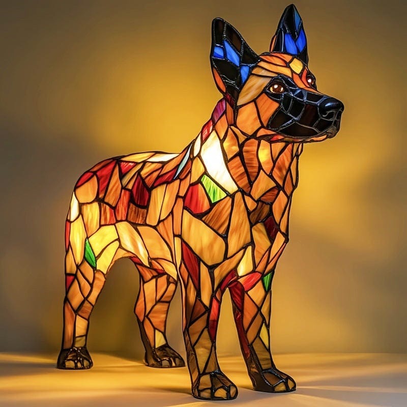 Stained-glass style shepherd dog lamp in amber and red, glowing side view