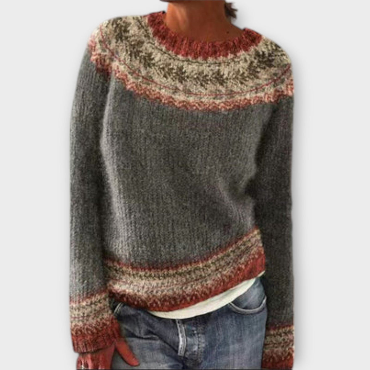 Noelyzah patterned knit sweater in grey and rust, front view