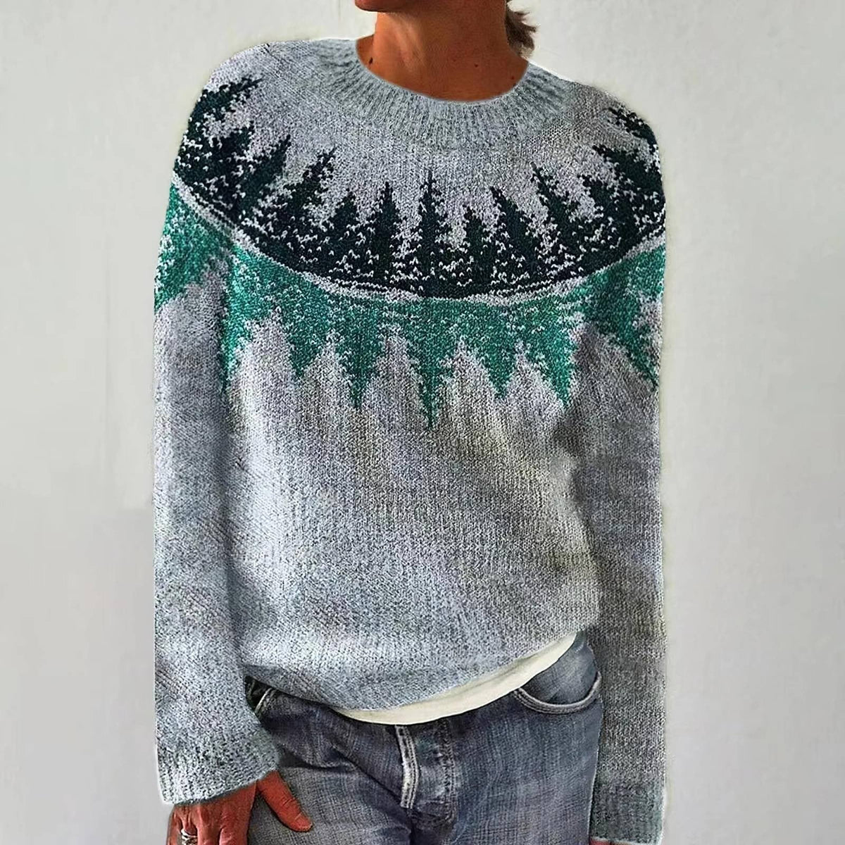 Ellie retro Scandinavian knitted sweater in grey with green pine tree pattern, front view