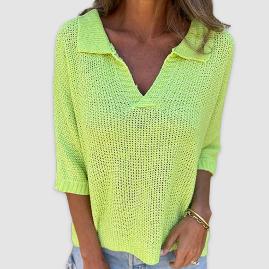Lucy knitted V-neck top in green, front close-up view