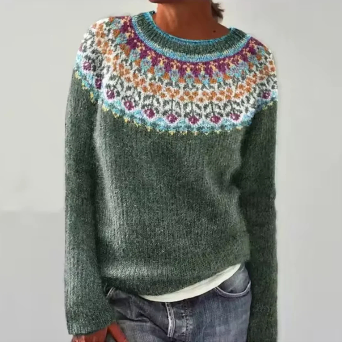 Sarah retro Scandinavian knitted sweater in green with patterned yoke, front view