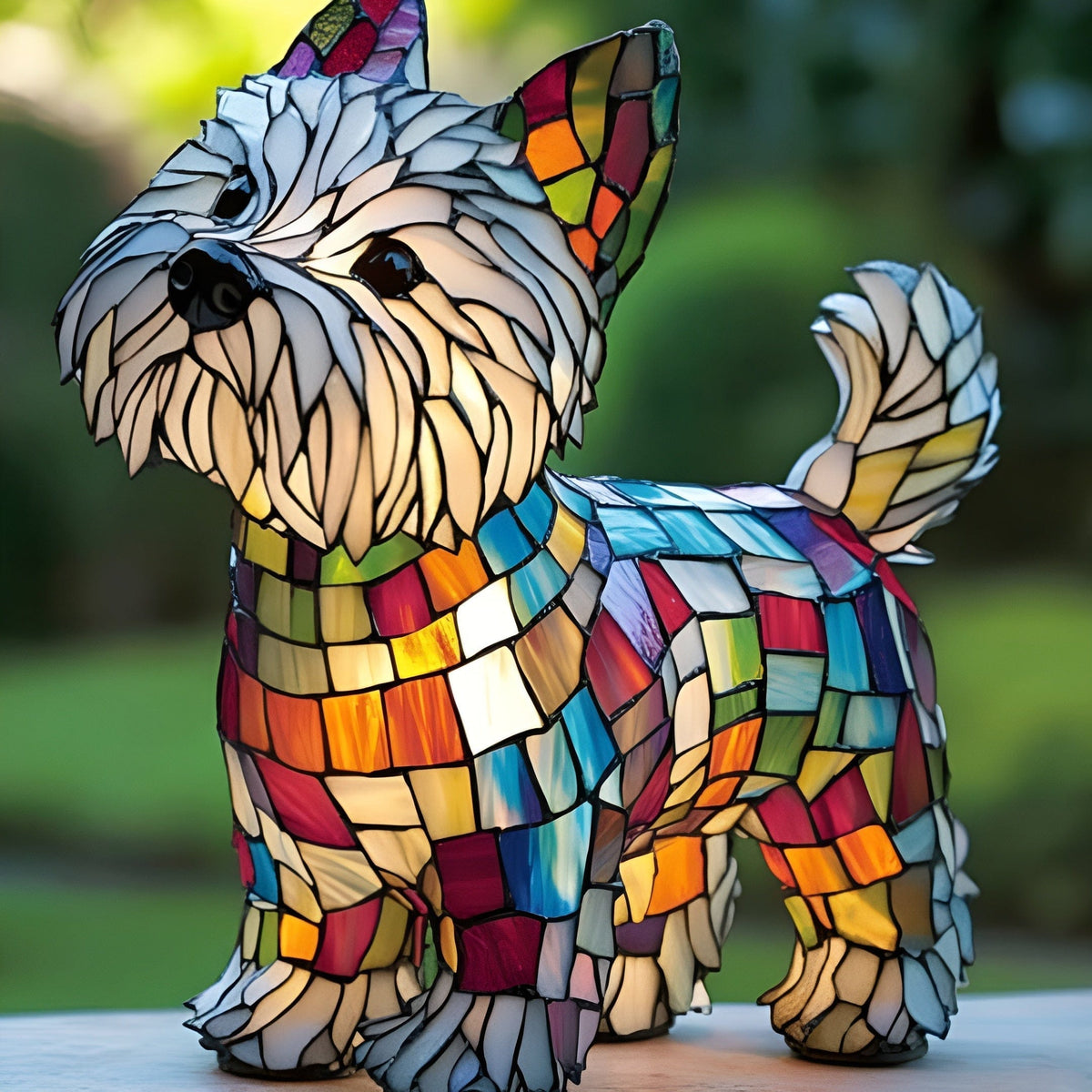 Oliver terrier glow lamp in multicolour mosaic glass effect, standing side view