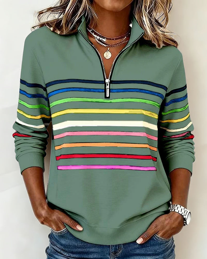 Maggie striped zip pullover in green, full front view