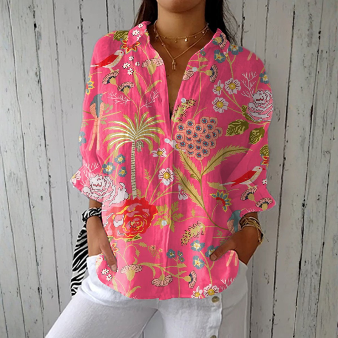 Joanna tropical floral blouse in pink multicolour, front view worn with white trousers