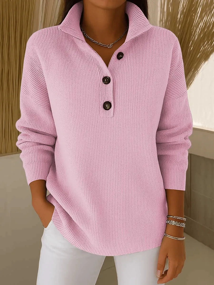 Amparo V-neck polo jumper in dusty pink, front view showing button placket