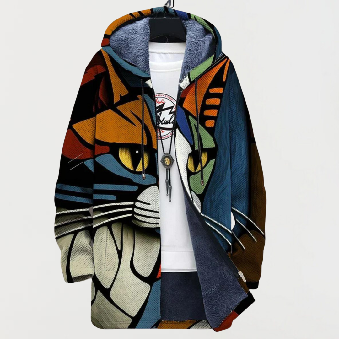 Darcy hooded cardigan in multicolour artistic cat print, front view