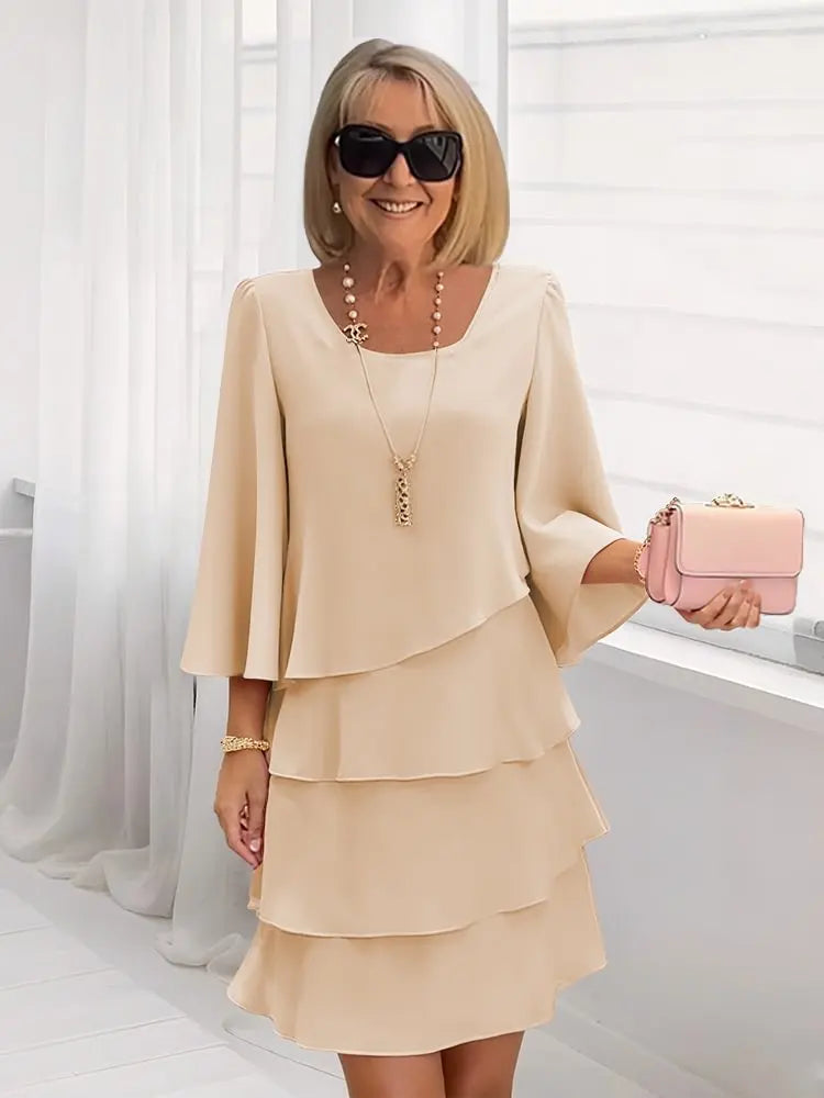 Catherine elegant comfort ruffle dress in khaki, full-length front view