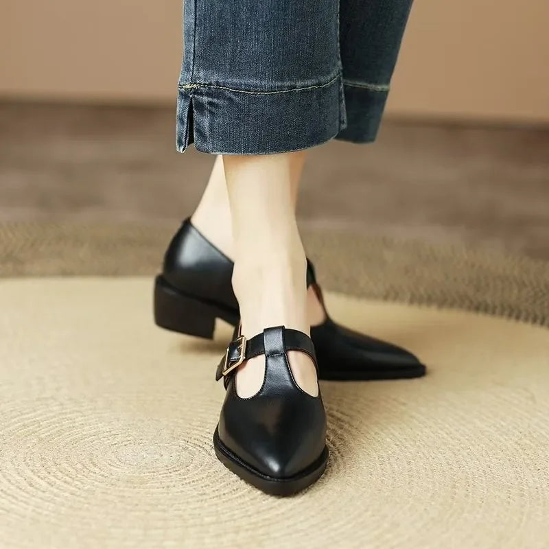 Leomara pointed T-strap heels in black, side view with block heel