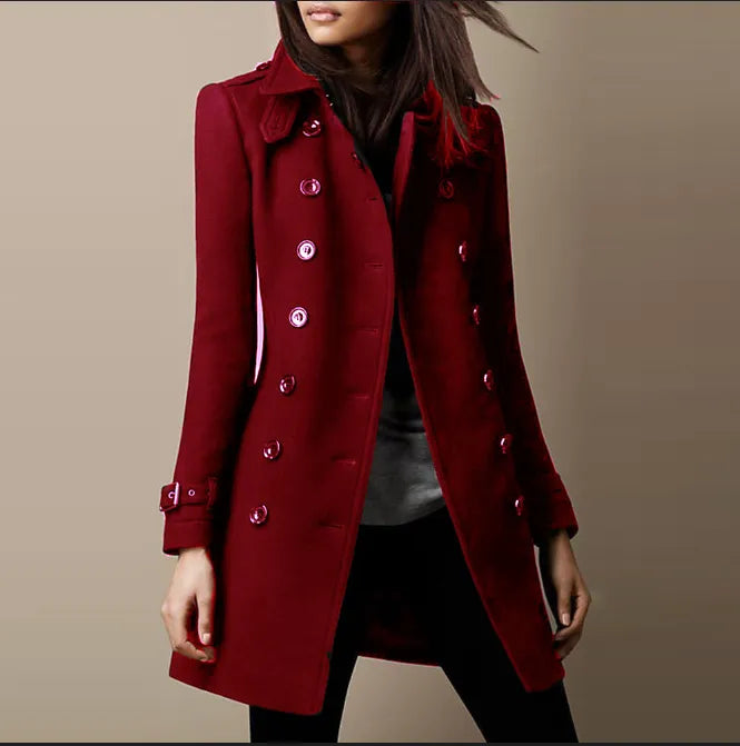 Maude structured double-breasted coat in red, front view on model