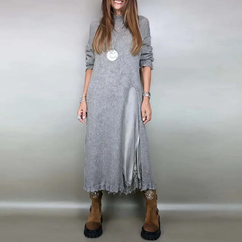 Evalina knit and lace two-piece set in grey, full-length front view