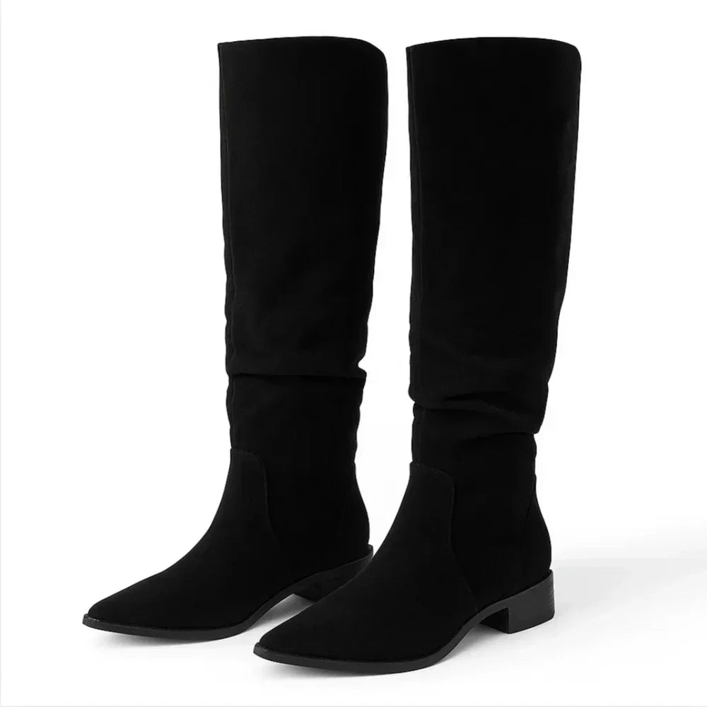 Roselia knee-high suede boots in black, angled pair view