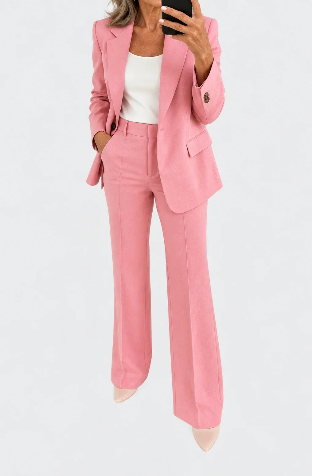 Veronica relaxed two-piece trouser suit in pink, full-length front view