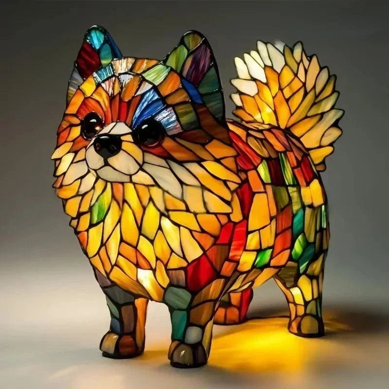 PomPom Pomeranian lamp in multicoloured mosaic glass, glowing side view