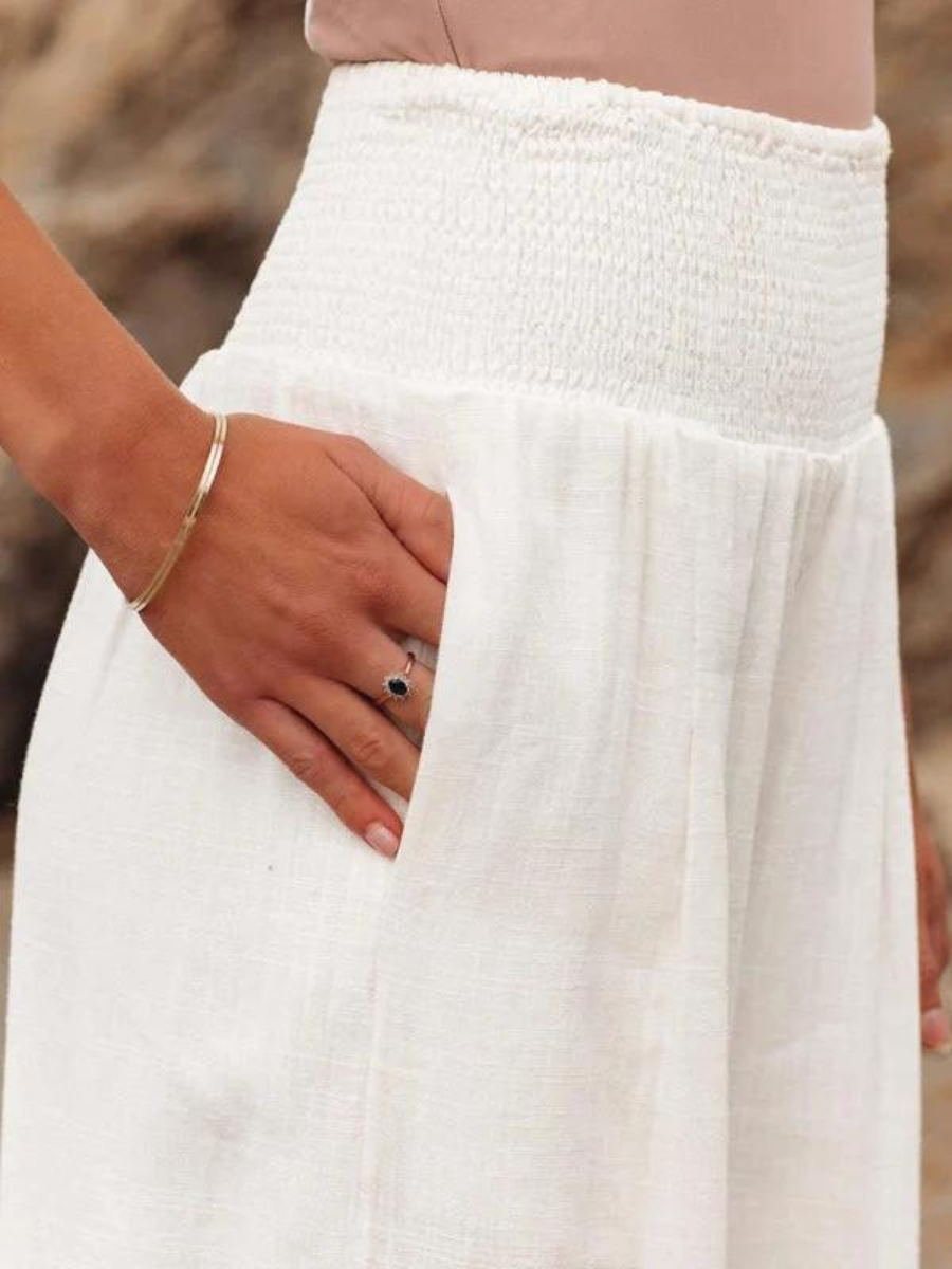 Annelise trousers in white, close-up of smocked waistband and side pocket