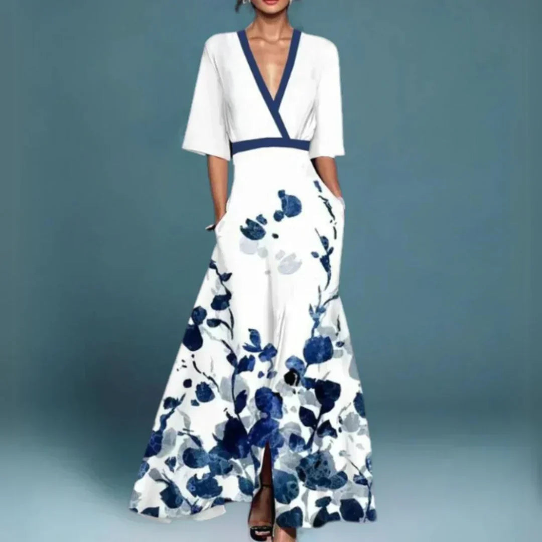 Sophia evening dress in white with blue floral print, full-length view