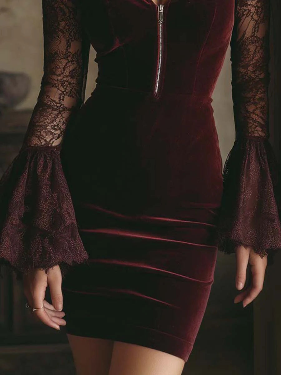 Close-up of Tamsin dress velvet skirt and flared lace cuffs