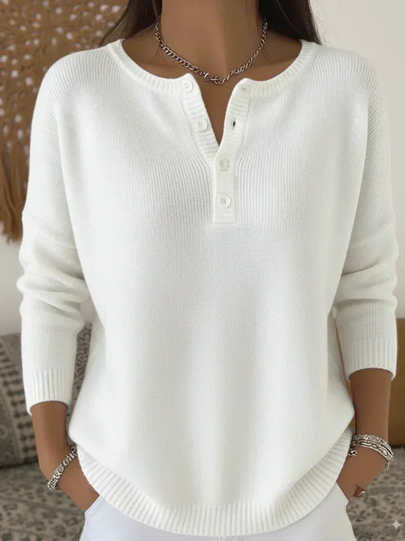 Helena henley-button knit jumper in white, front view