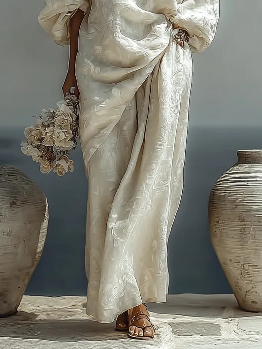 Detail of Isabella wide-leg trousers in off white textured fabric