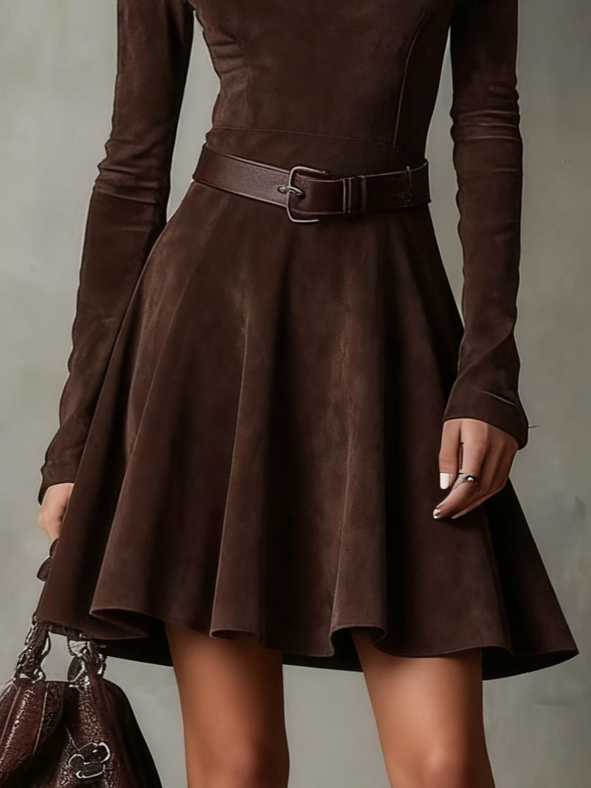 Thalasso mini dress in dark brown, close view of belt and flared skirt