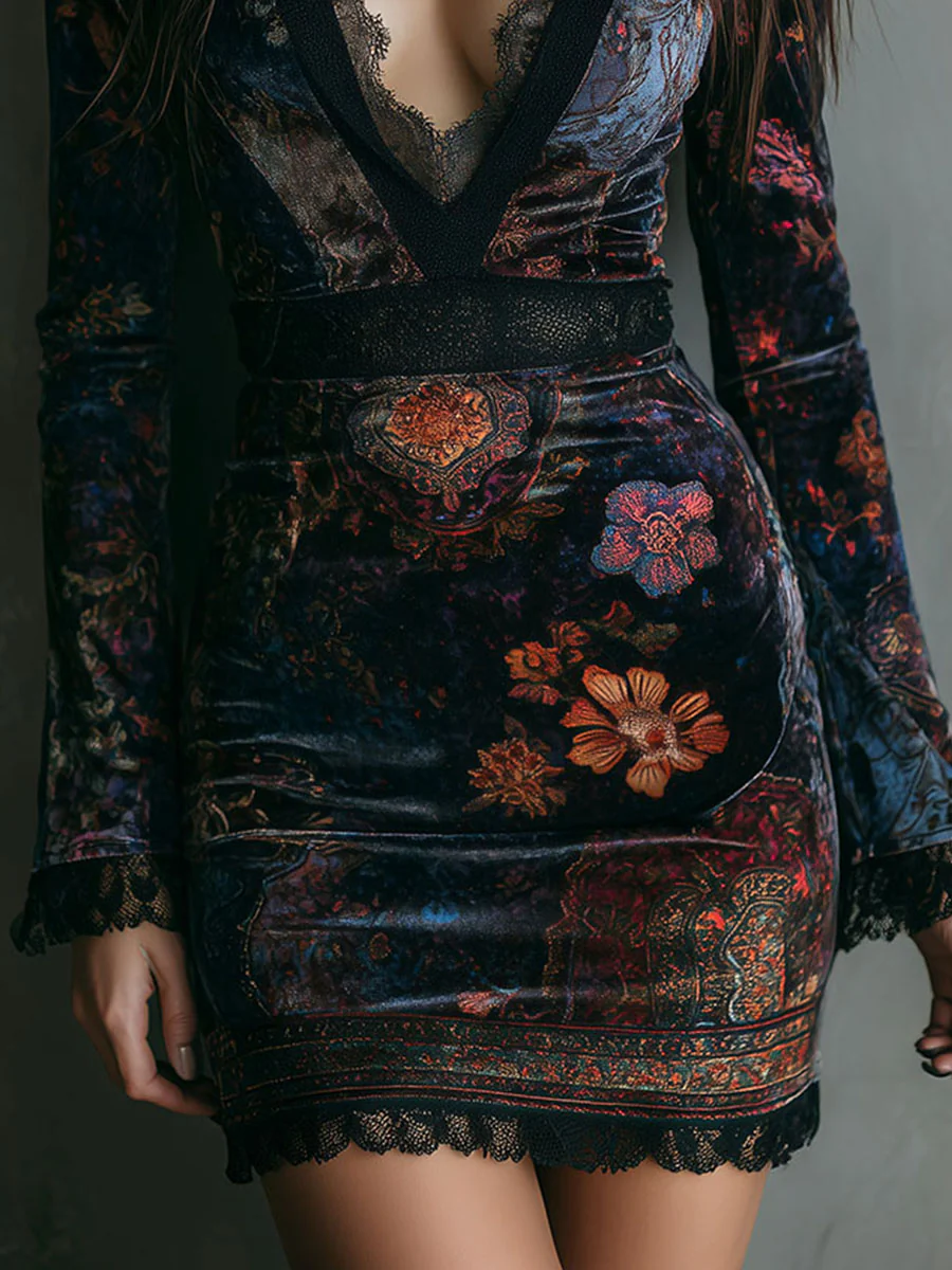 Close-up of Selene dress floral velvet print and lace hem detail