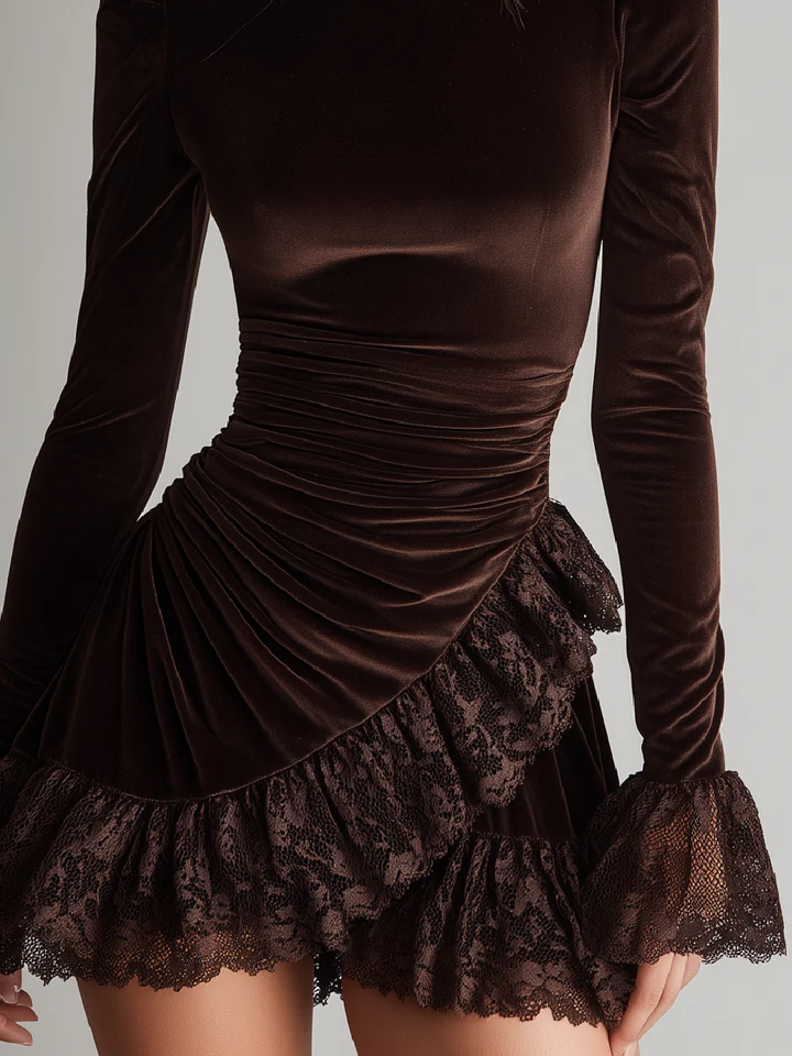 Maya brown velvet mini dress, detail of ruched waist and lace ruffled hem