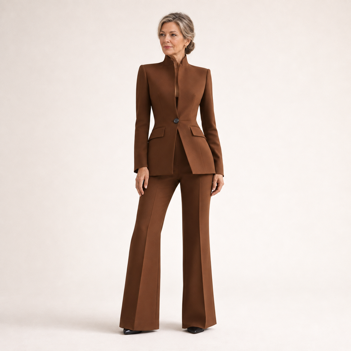Gwendoline tailored wide-leg trouser suit in brown, full-length three-quarter view