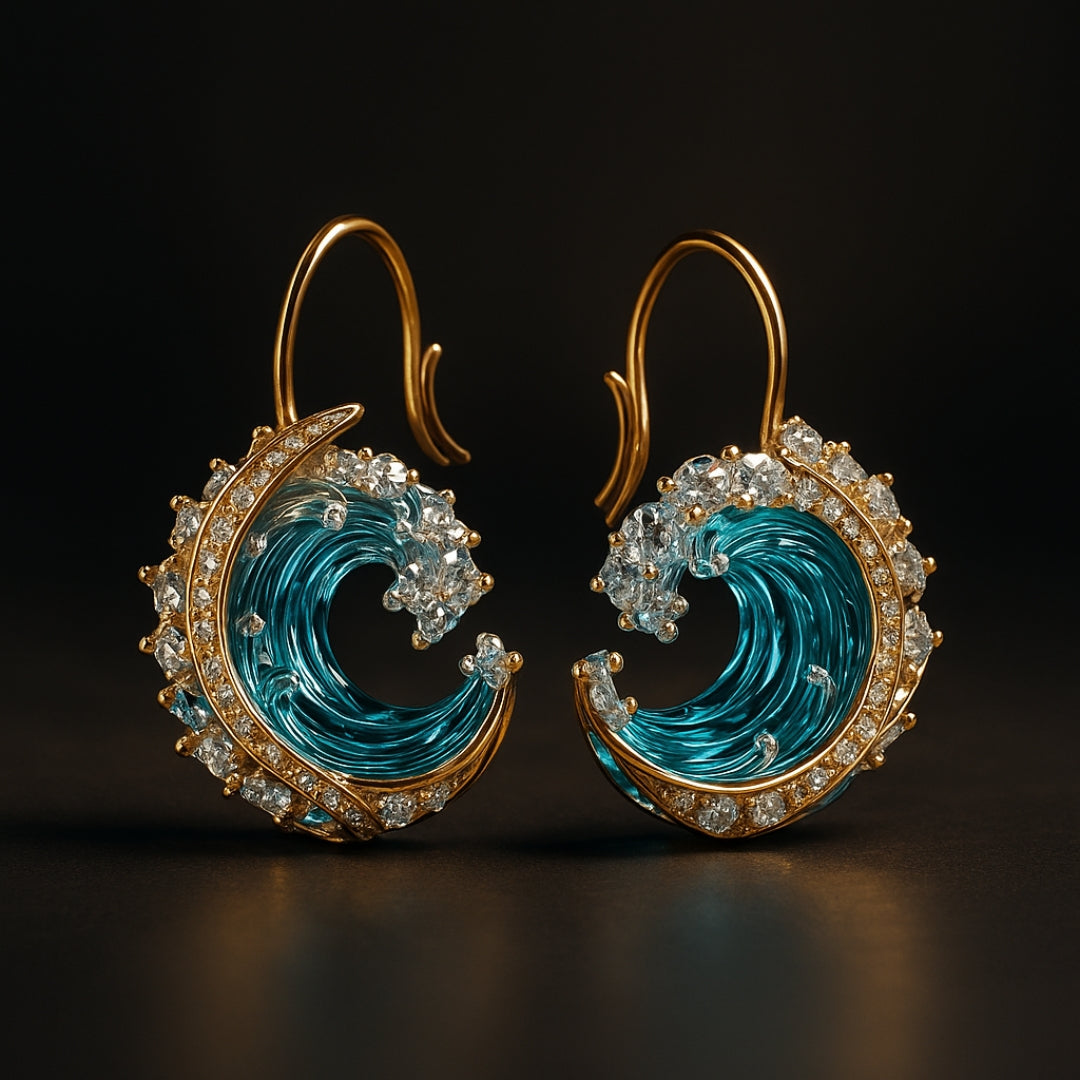 Azure Tide gold wave earrings on dark background, pair front view