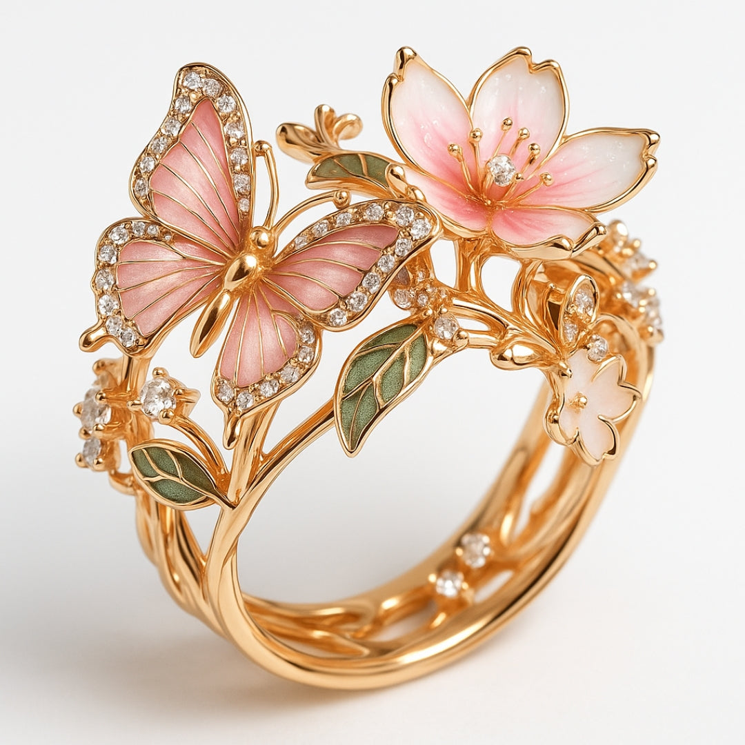 Butterfly zirconia ring in gold with pink flower and green leaves, angled view
