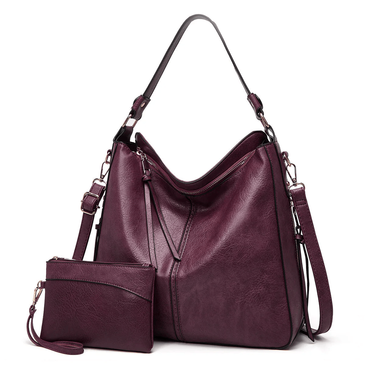 Edith vintage shoulder bag in purple with matching pouch, front view