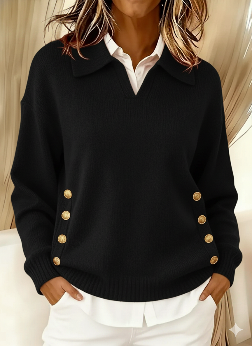 Vicenta polo-collar jumper in black, front view with gold buttons