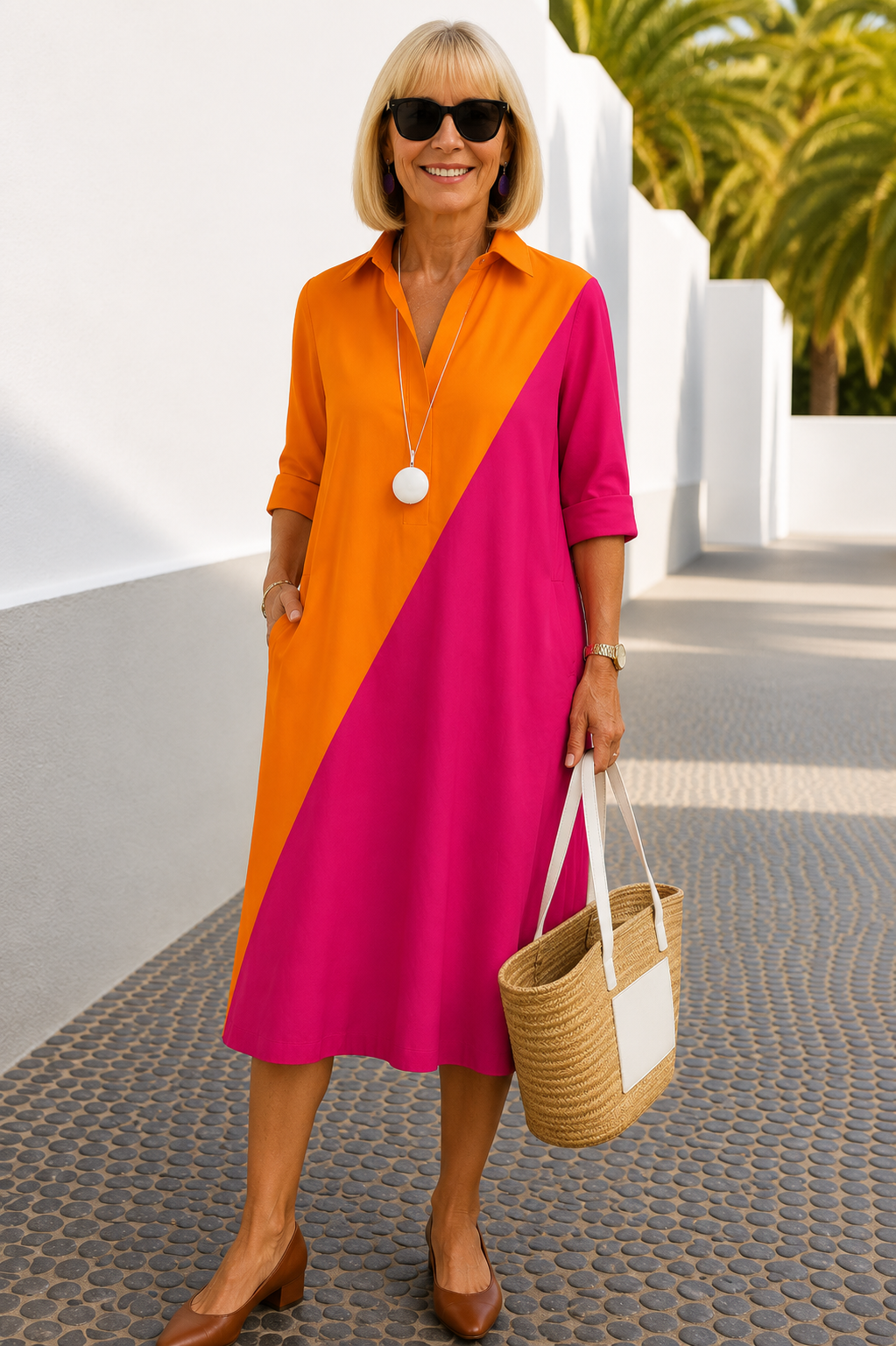 Kayla colour-block midi dress in orange and pink, full-length front view