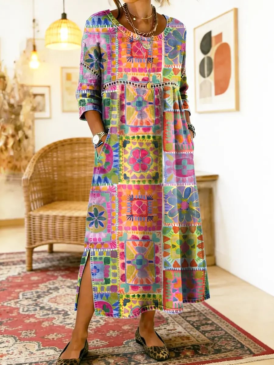 Pilar ethnic print maxi dress in multicoloured geometric patchwork, full-length front view