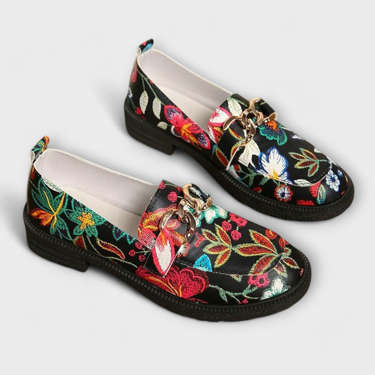 Camille bold multicolour floral loafers, pair on plain background