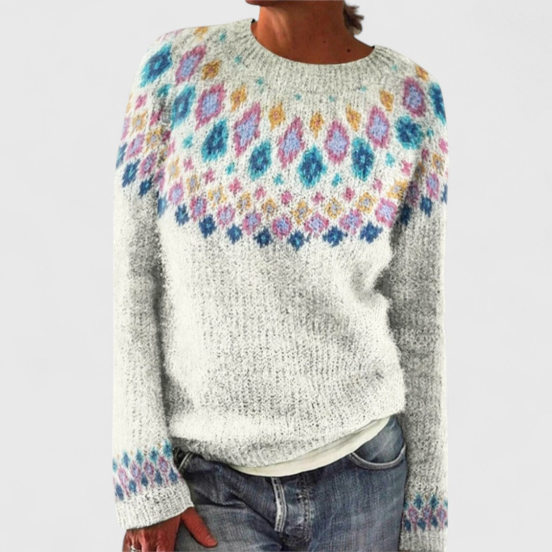 Mary retro Scandinavian knitted sweater in cream with colourful Nordic pattern, front view