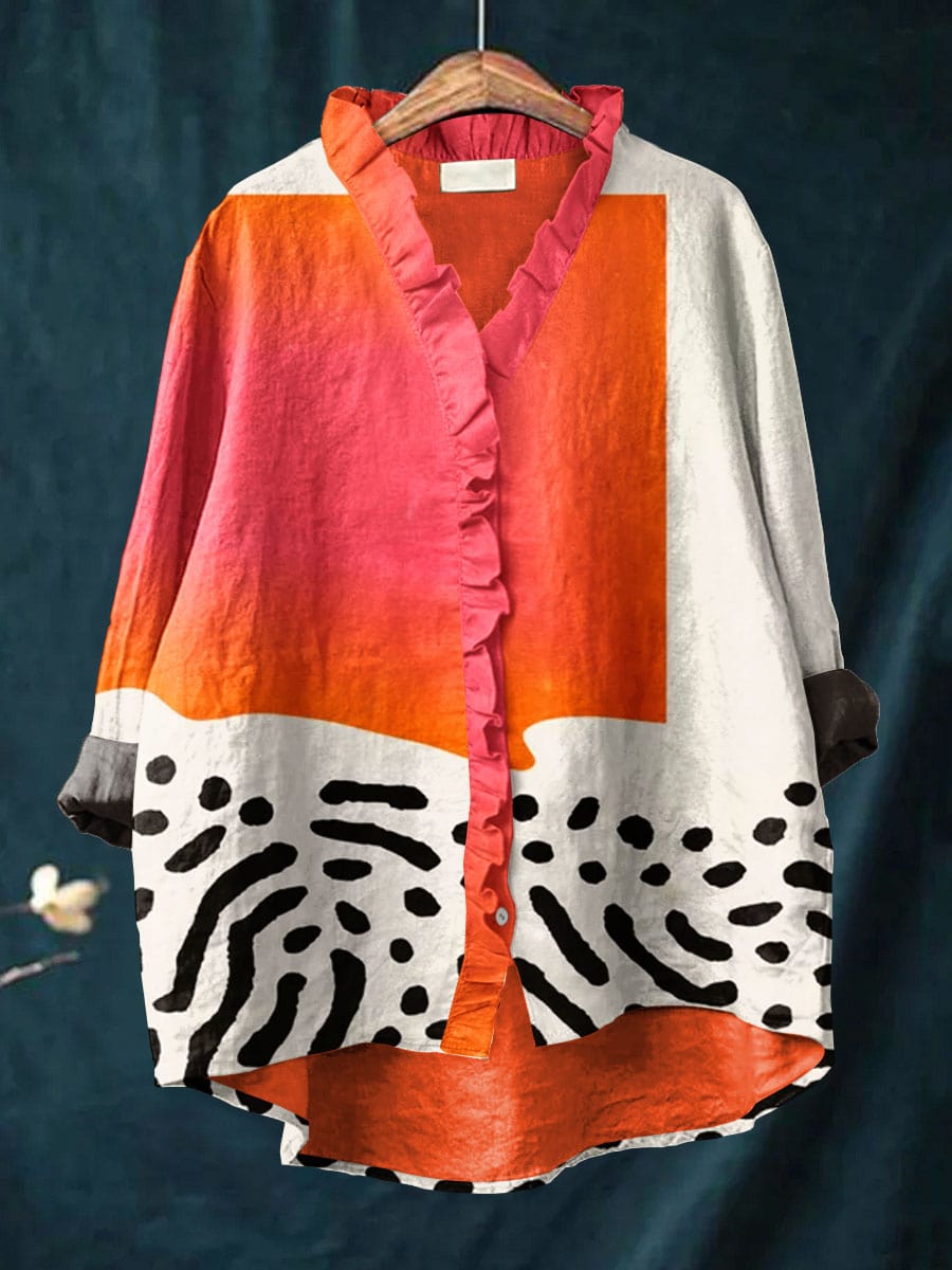 Junelle colour-block blouse in orange, pink and white, front view on hanger
