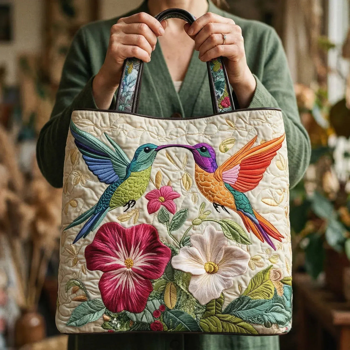 Cream hummingbird tote bag held by both handles, front view