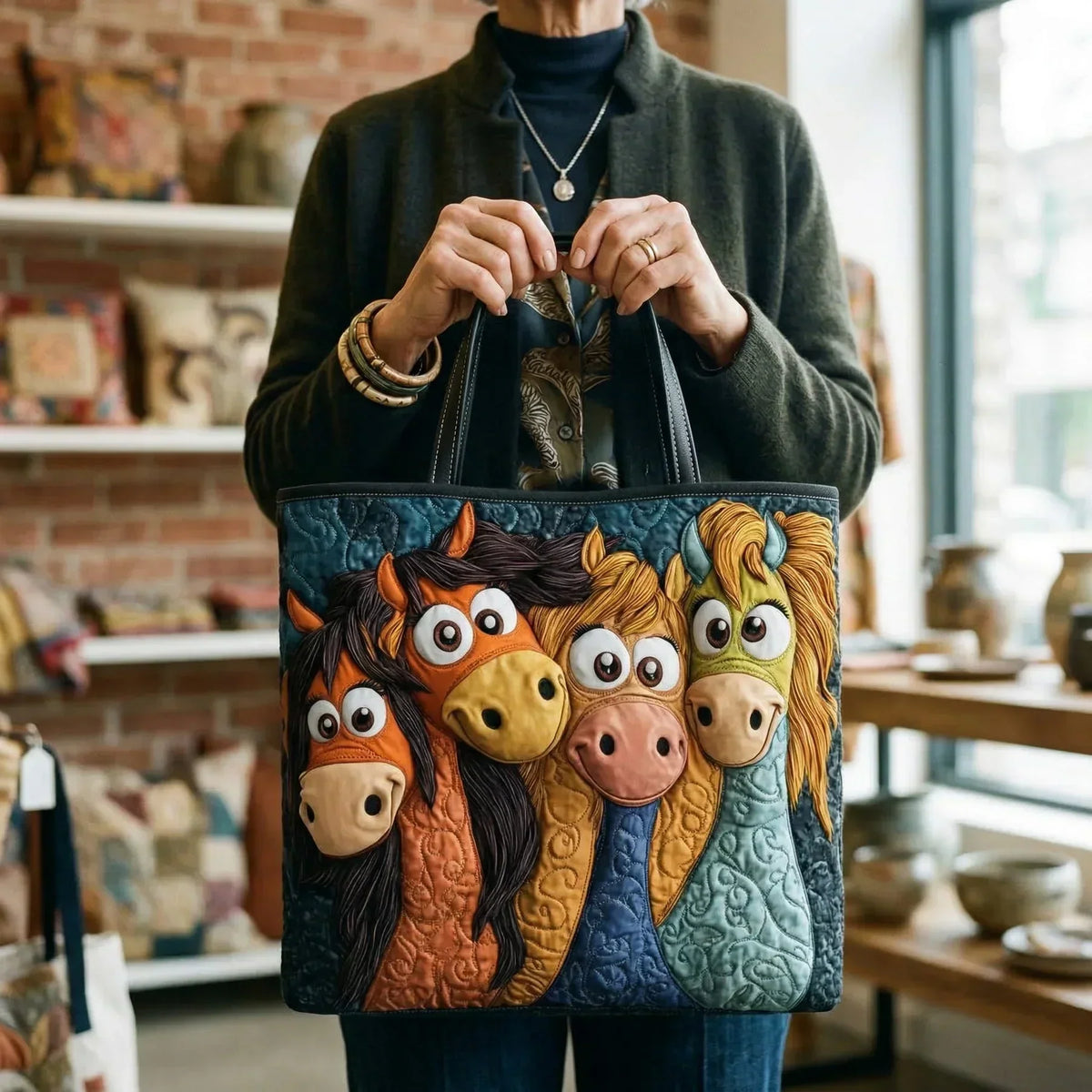 Woman holding the playful ponies quilted tote bag by its dark top handles