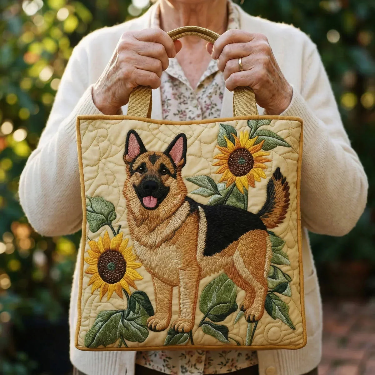 Woman holding cream German Shepherd tote bag by its short top handles