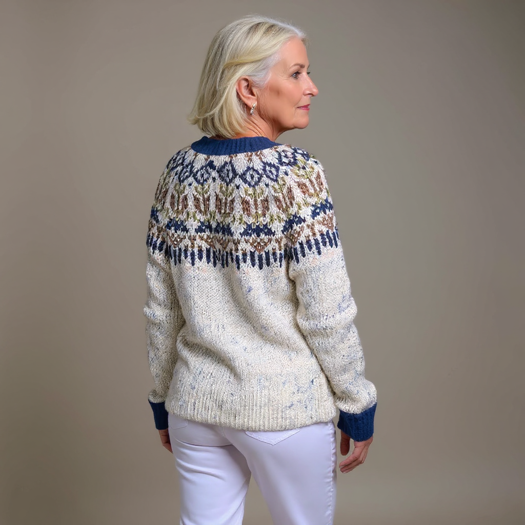 Harper vintage Icelandic cardigan in cream and blue, back view of patterned yoke