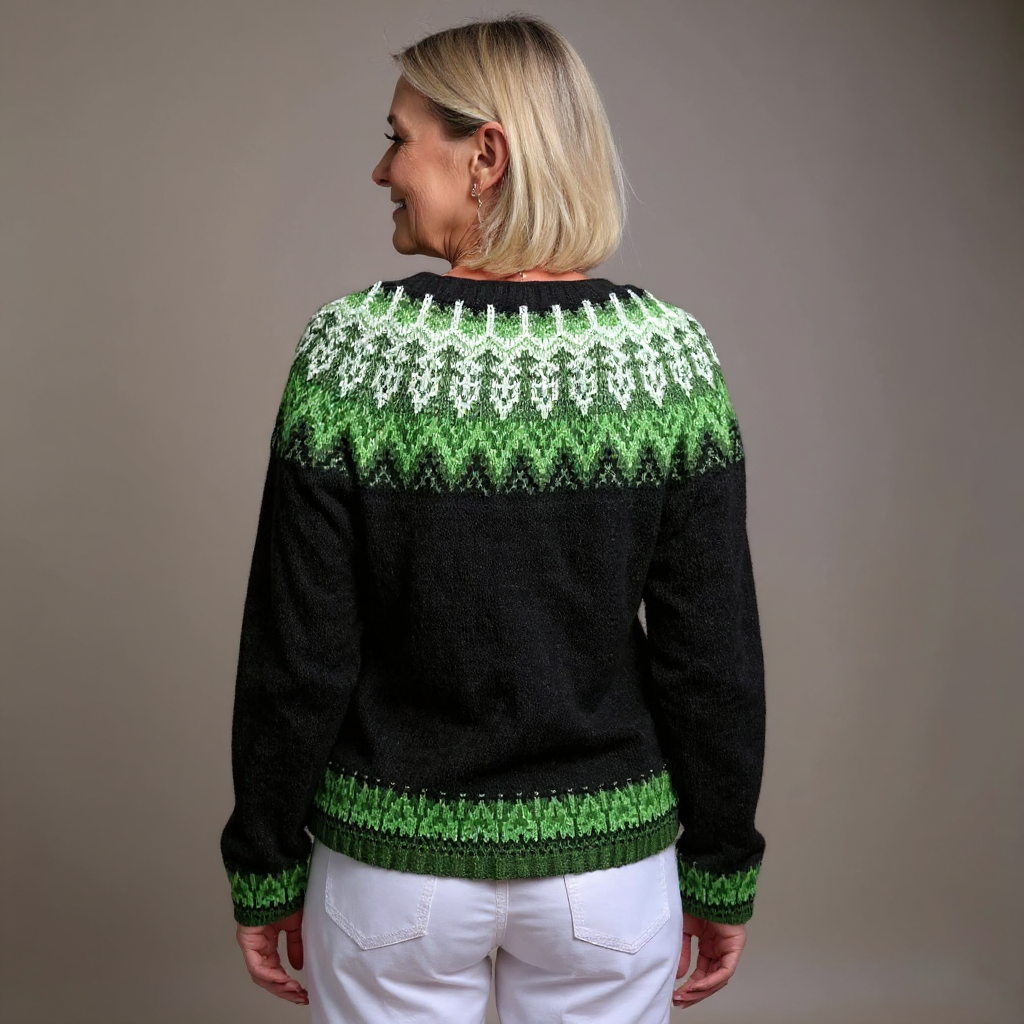 Sada vintage Icelandic cardigan in black and green, back view on model