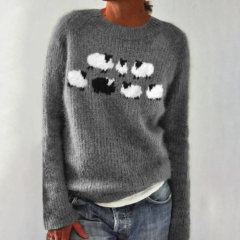 Alice retro Scandinavian knitted sweater in grey with white and black sheep motif, front view