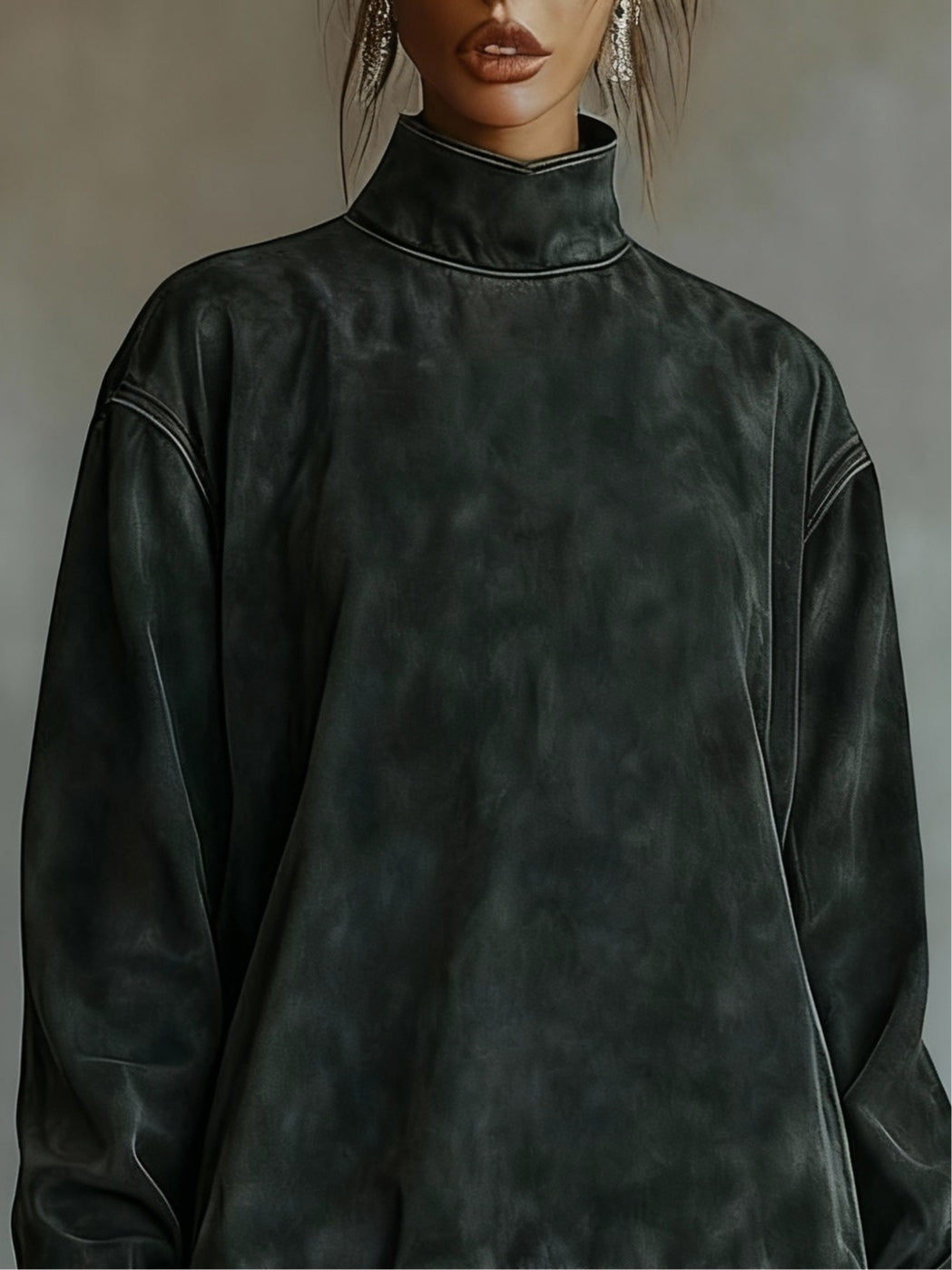 Zara suede mini dress in charcoal, close-up of turtleneck collar and sleeves
