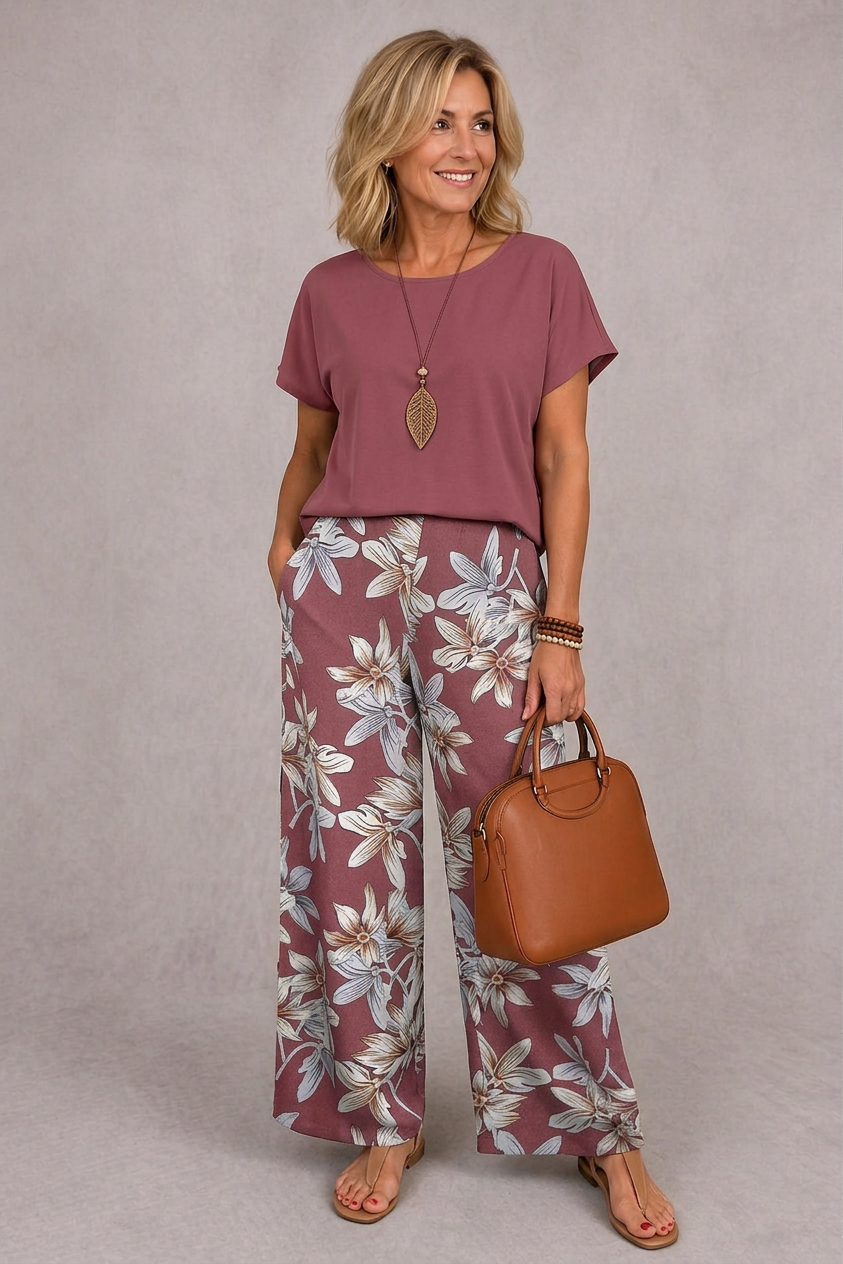 Rosie floral two-piece set in dusty rose, full-length front view